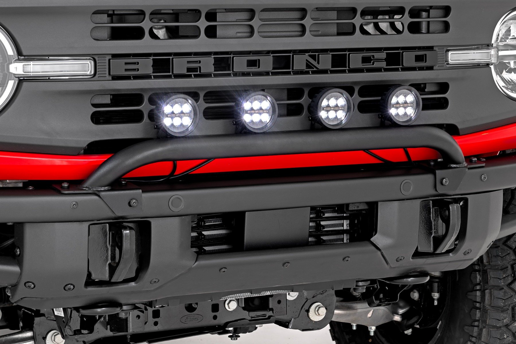 Ford Bronco Front Light Bar Mount - OE Modular Steel Bumper - 3.5" Round LED (Quad) | Black | Amber DRL 